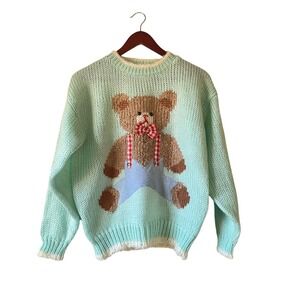 Vintage 70s/80s mint Green Teddy Bear Knit Sweater Women Size M